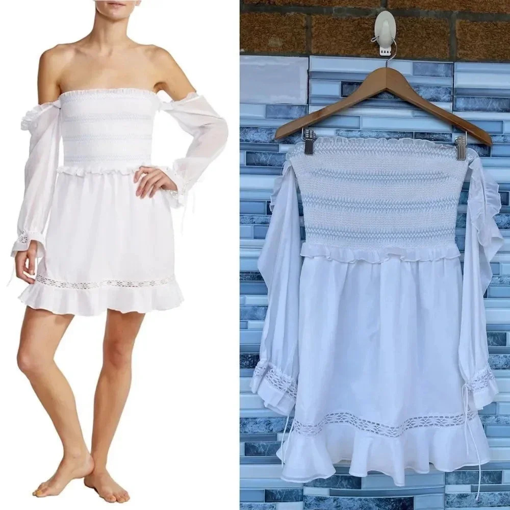 Kisuii Arcadia Smocked Off-Shoulder Cotton Short Dress small